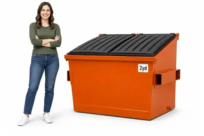 2 yard front-load commercial dumpster next to a person for size