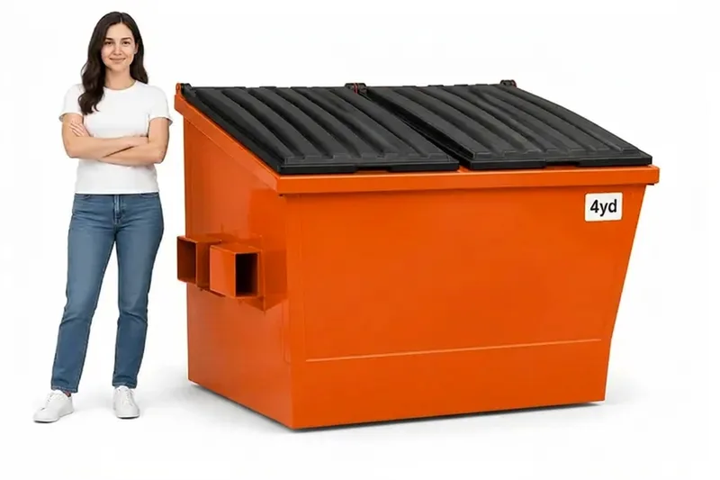 4 yard front-load commercial dumpster next to a person for size