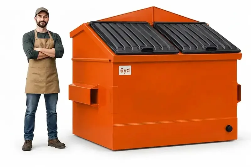 6 yard front-load commercial dumpster next to a person for size