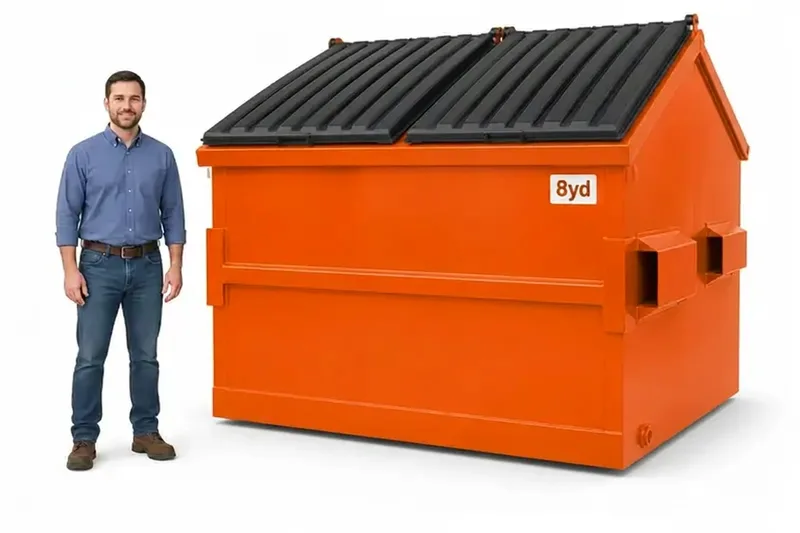 8 yard front-load commercial dumpster next to a person for size