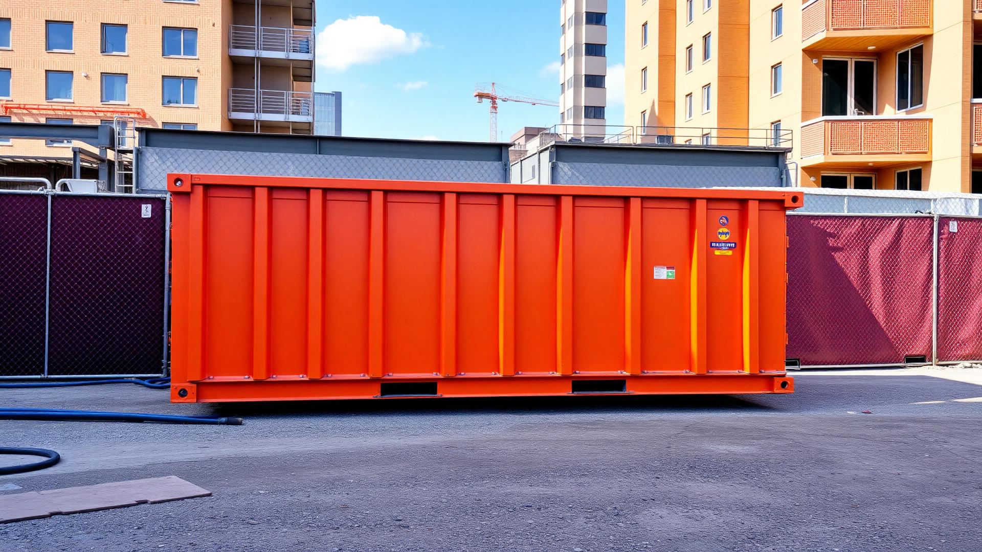 Orange Jamaica Ash roll-off container on a job site